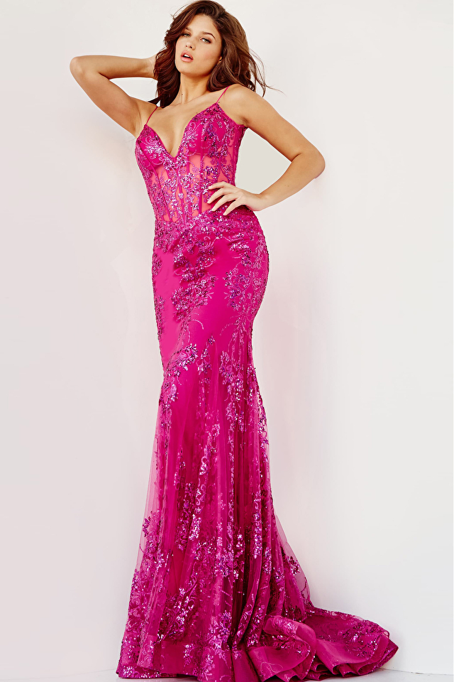 Model wearing Jovani style 3675 pink prom dress