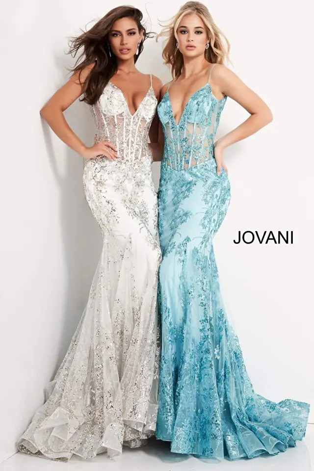 Model wearing Jovani style 3675 long prom dress