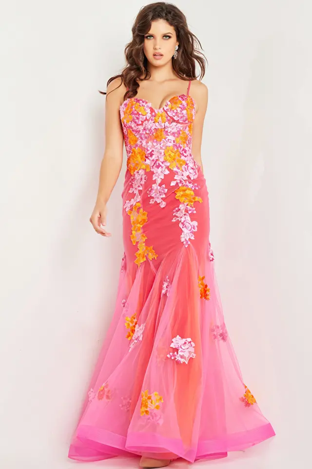 Model wearing Jovani style 36843 pink prom dress