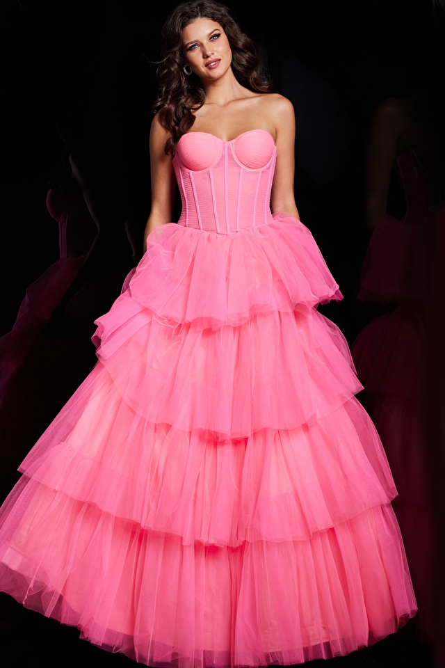 Model wearing Jovani style 37062 pink prom dress