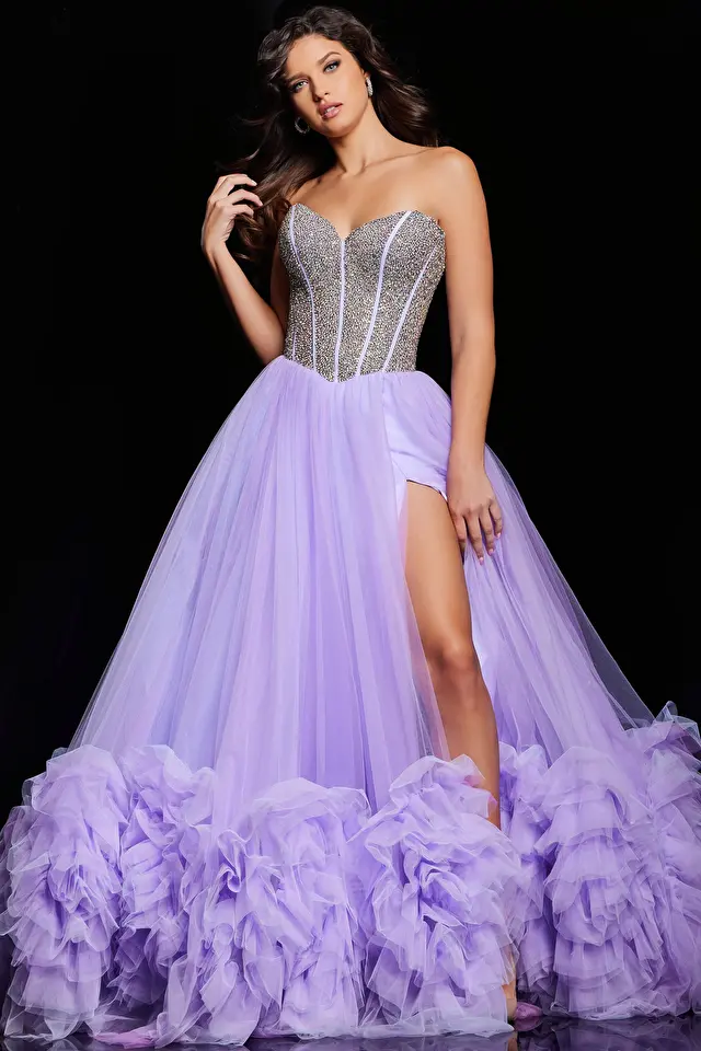 Model wearing Jovani style 37199 purple prom dress