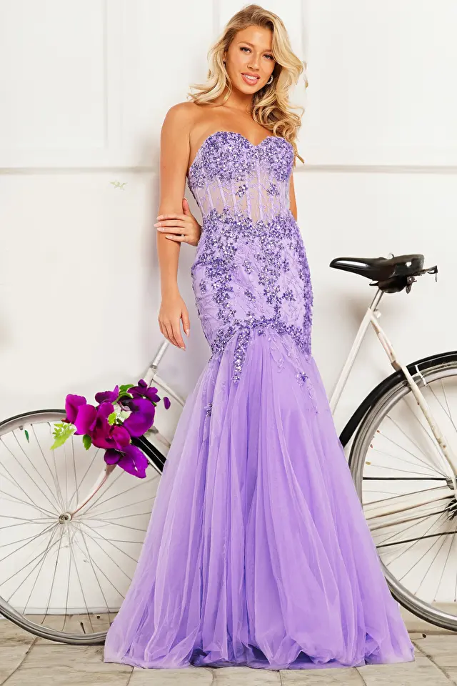 Model wearing Jovani style 37249 purple prom dress