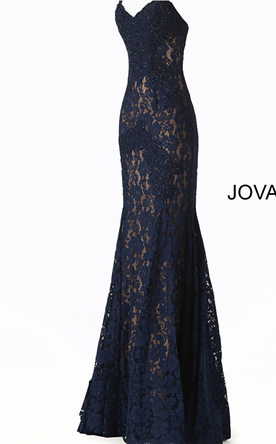 beaded navy lace nude lining prom dress 37334
