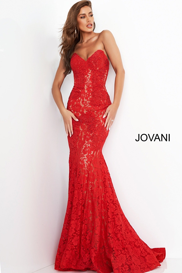 Model wearing Jovani style 37334 strapless dress