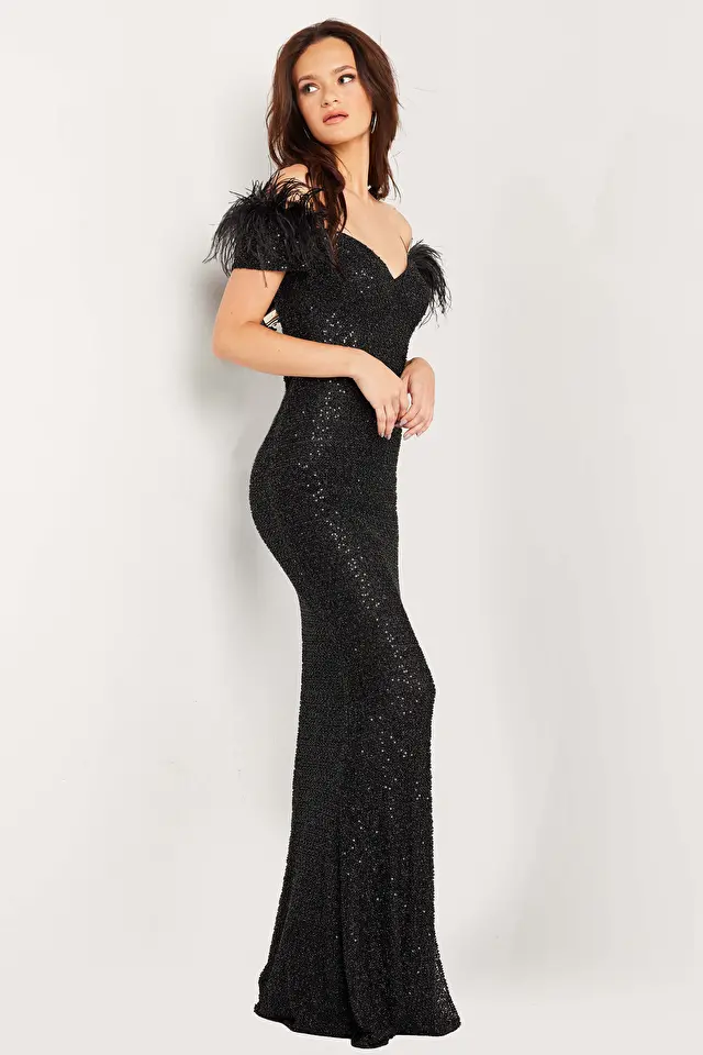 Model wearing Jovani style 37562 black prom dress