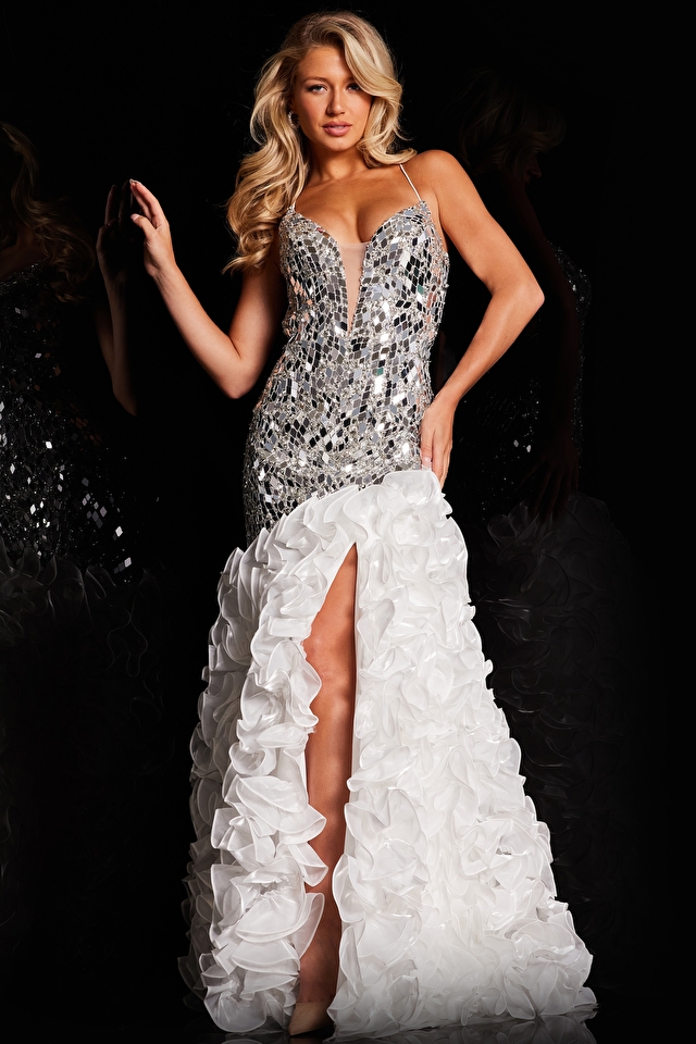 Model wearing Jovani style 37588 white prom dress