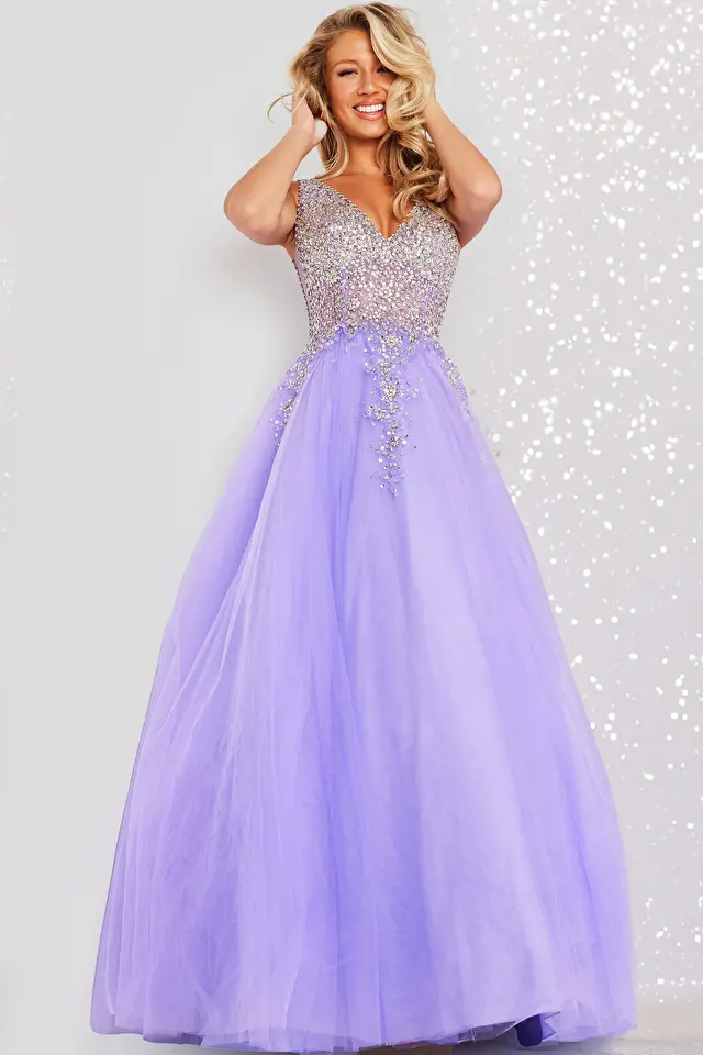Model wearing Jovani style 37589 purple prom dress