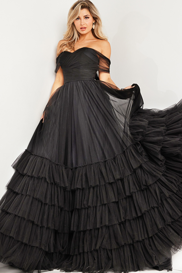 Model wearing Jovani style 37608 black prom dress