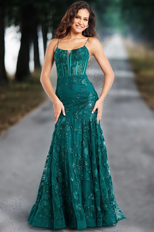 Model wearing Jovani style 38004 green prom dress