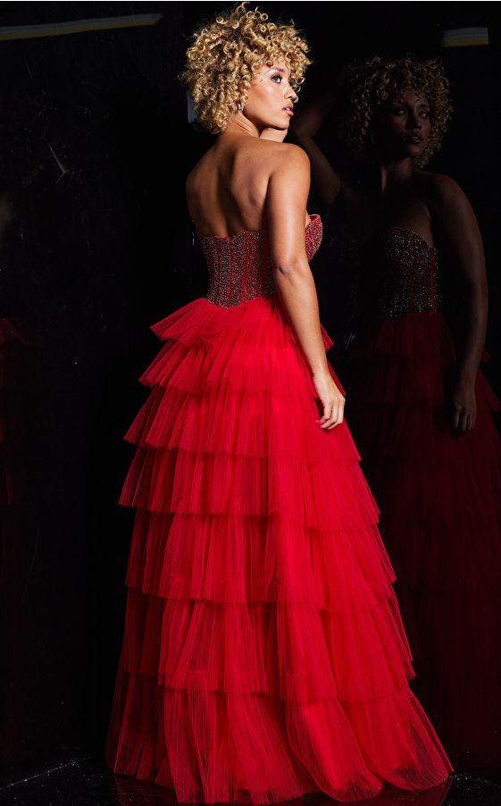 Red Beaded Strapless Bodice Prom Gown 38090