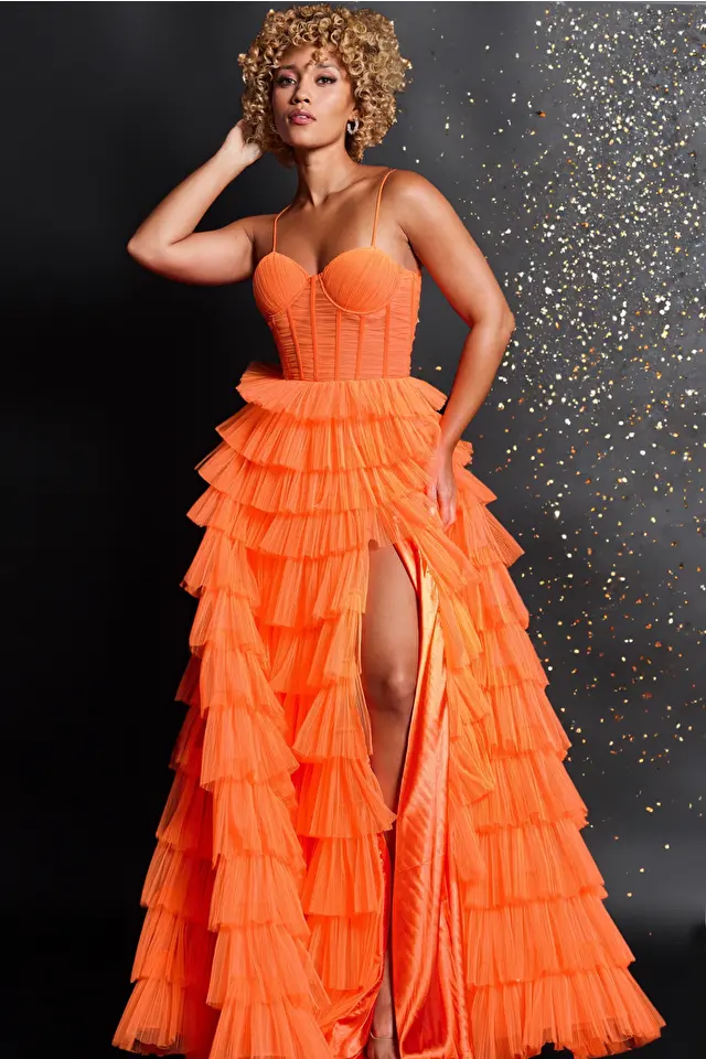 jovani Jovani 38277 Orange Tulle Layered Skirt Gown
