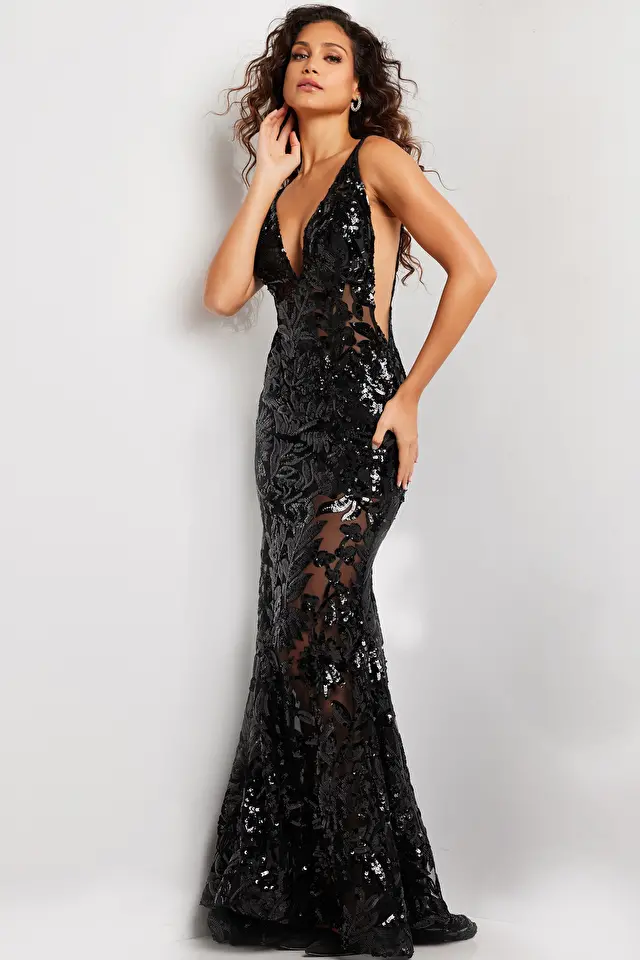 Model wearing Jovani style 38349 prom dress