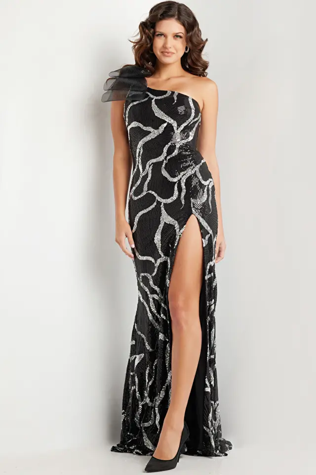 Model wearing Jovani style 38377 sequin prom dress