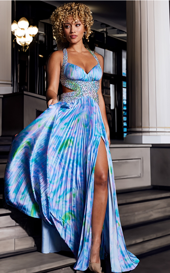 Blue Print Pleated Satin Formal Dress 38722