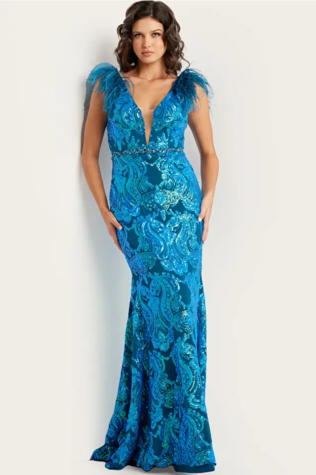 Model wearing Jovani style 38758 blue prom dress