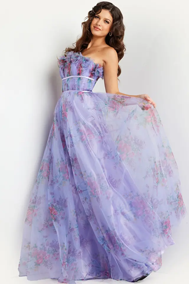 Model wearing Jovani style 39151 print dress
