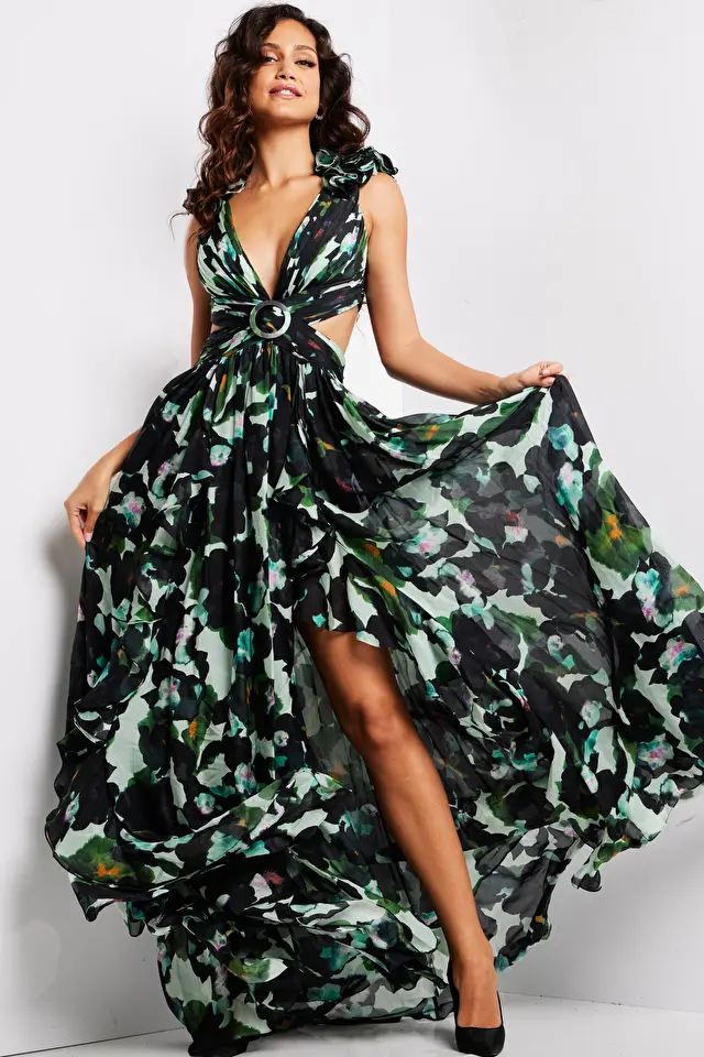 Model wearing Jovani style 39420 print dress