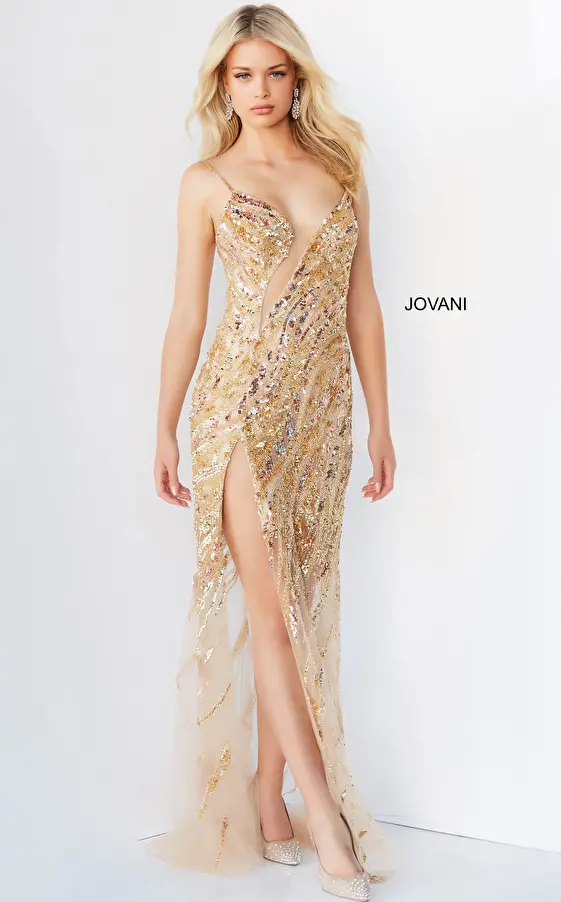 Jovani 04195 Nude Beaded High Slit Dress