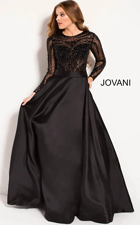 Jovani 46066 Black Beaded Bodice Long Sleeve Ballgown 