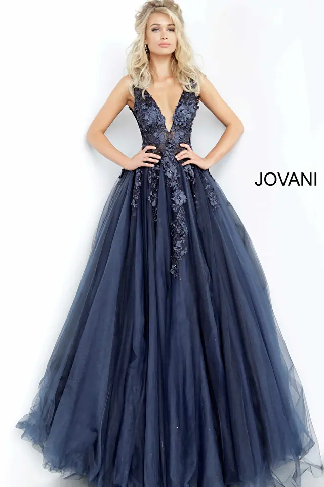 Model wearing Jovani style 55634 long prom dress