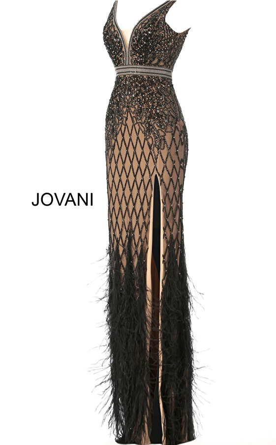 Ivory Embellished V Neck Fitted Jovani Dress 55796
