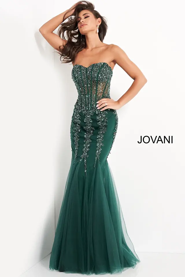 Model wearing Jovani style 5908 strapless dress