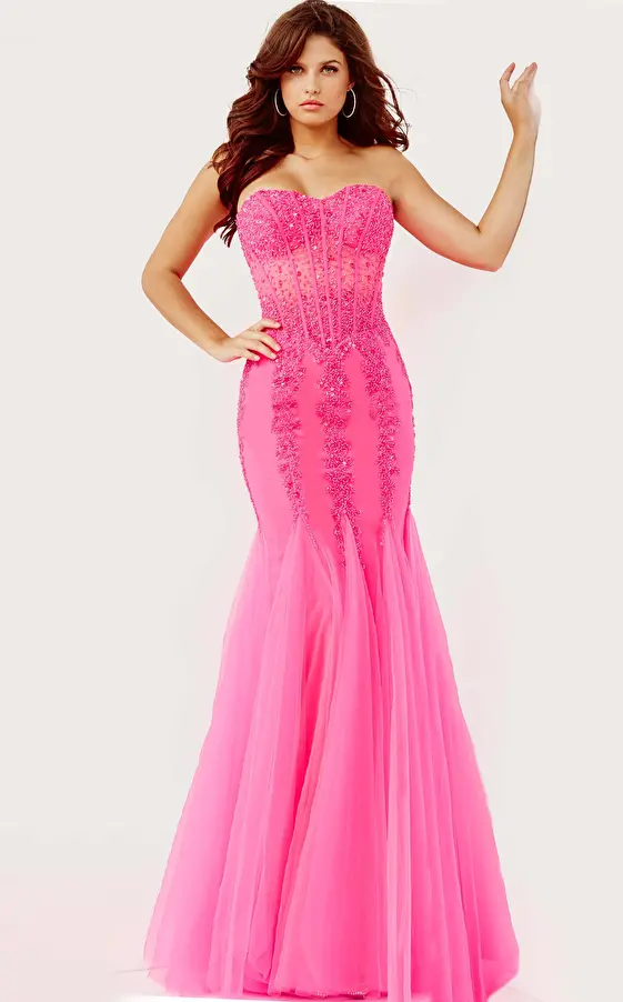 jovani Jovani 5908 Hot Pink Embellished Strapless Dress