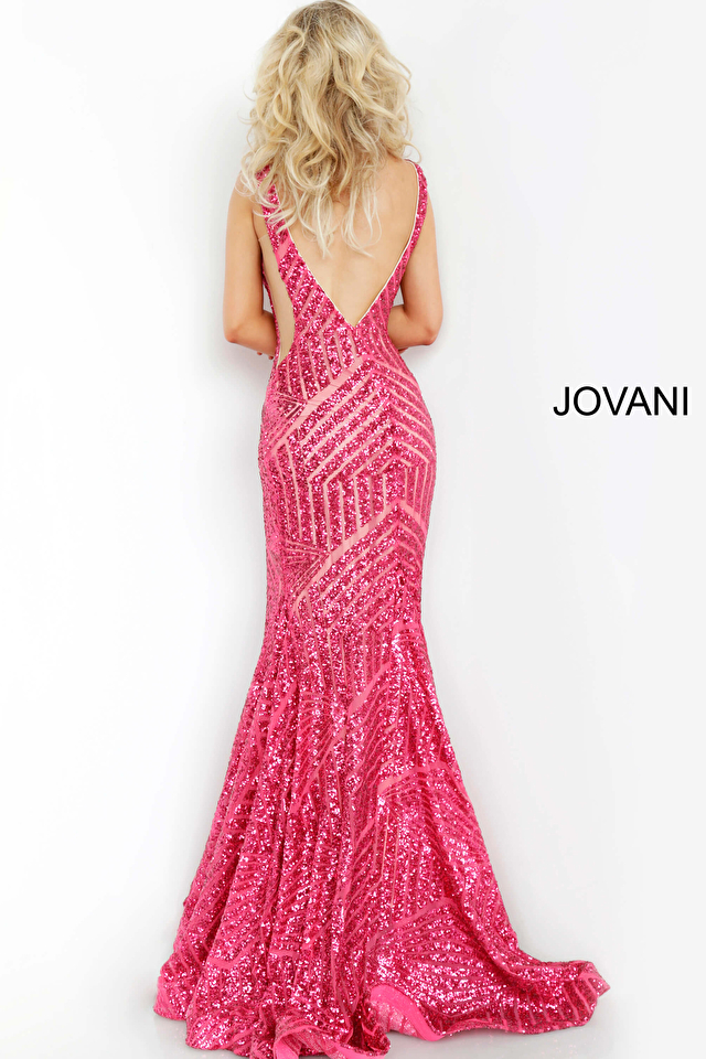 Model wearing Jovani style 59762 backless dress