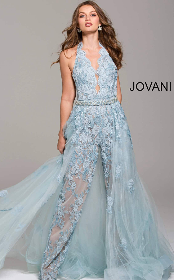 jovani Light Blue Lace Halter Neck Prom Jumpsuit 60124