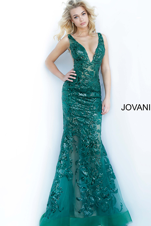 Model wearing Jovani style 60283 green prom dress