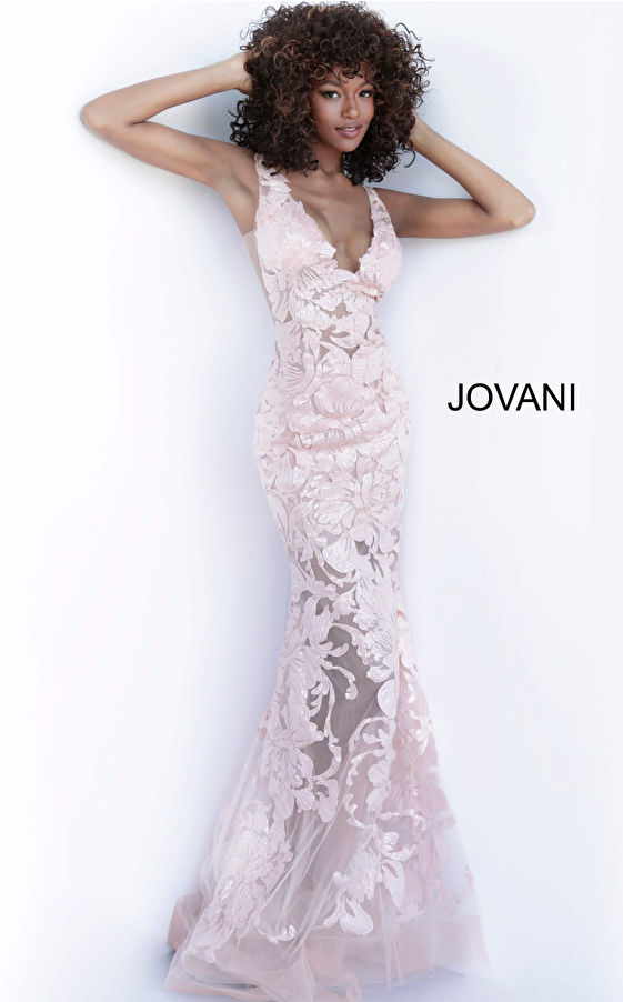 Jovani 60283 Red Plunging Neckline Embellished Dress