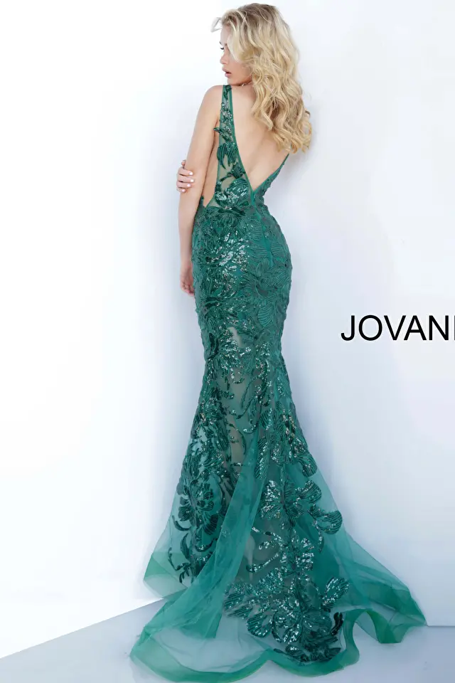 Model wearing Jovani style 60283 backless dress