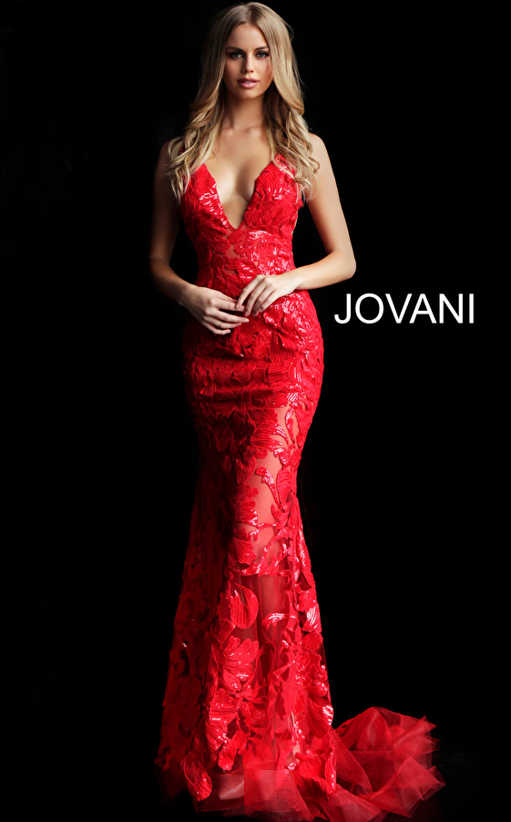 Red sleeveless fitted prom dress with train 60283
