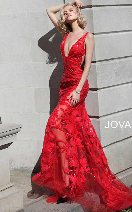 Jovani red embellished sheer prom gown 60283