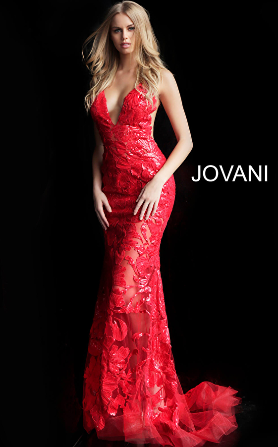 Jovani red plunging neck sequin prom dress 60283