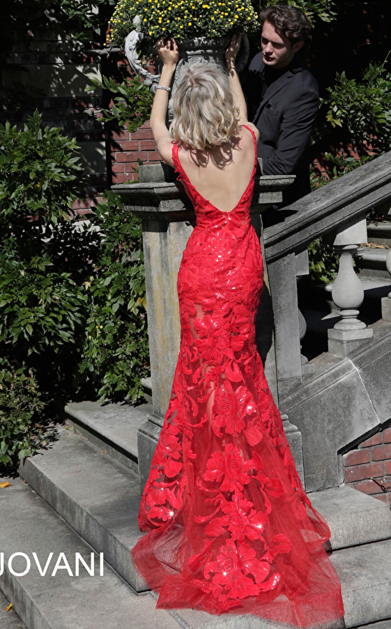 Red open back sequin Jovani dress 60283