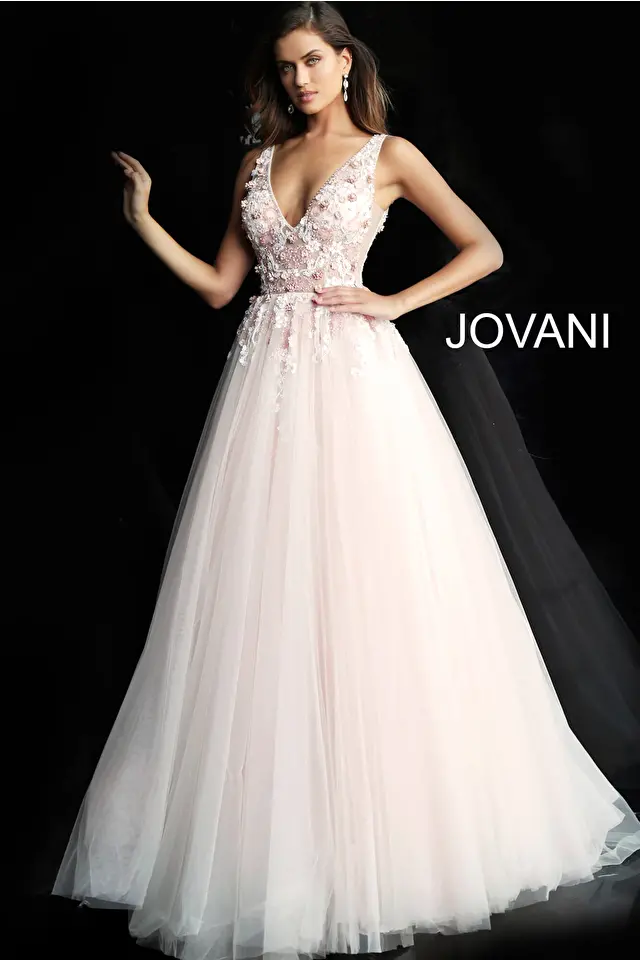 Model wearing Jovani style 61109 pink prom dress