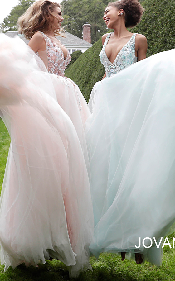 Blush floral sleeveless prom ballgown 61109