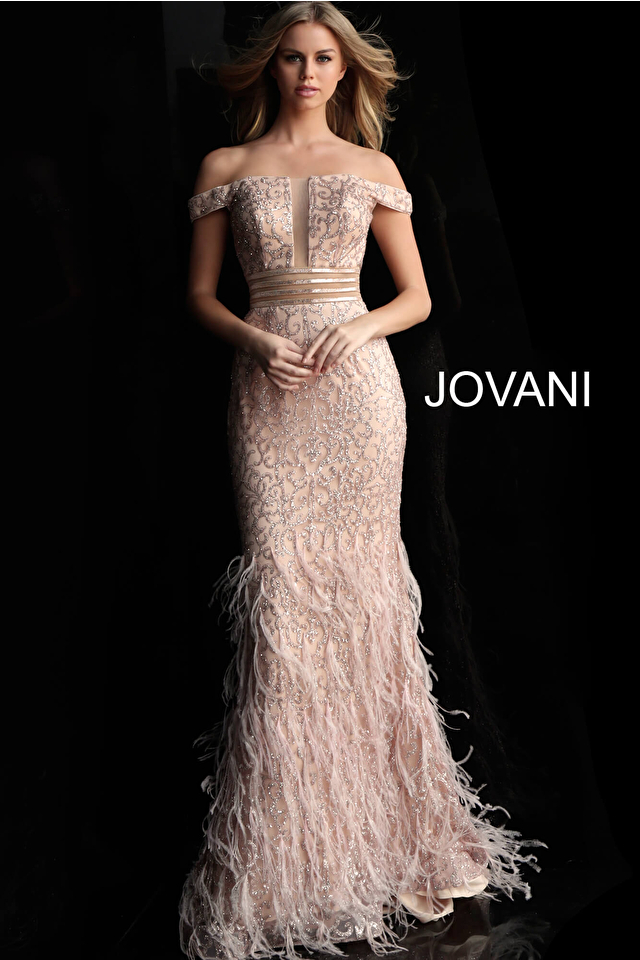 Jovani 62744 | Rose gold long embellished feather prom dress