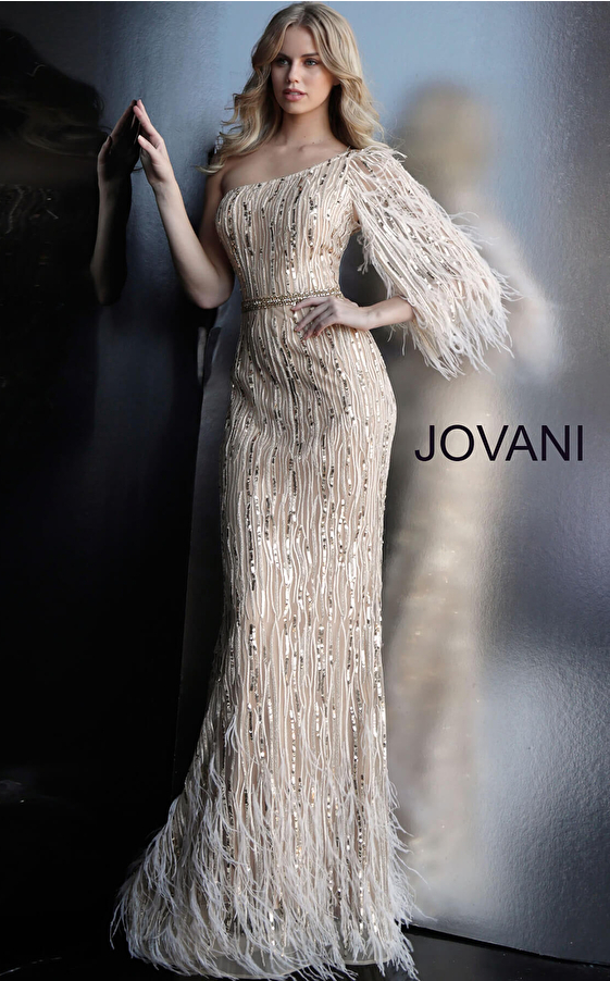 jovani Gold One Shoulder Embellished Prom Gown 63342