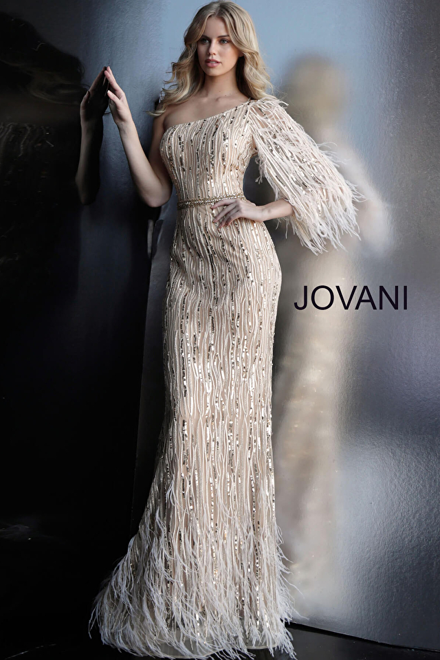 Model wearing Jovani style 63342 gold dress