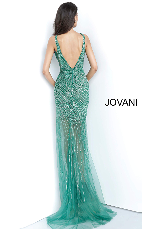 Emerald beaded Jovani dress 63405 back view