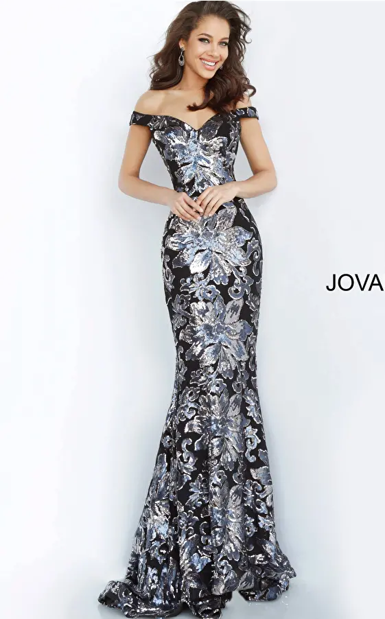 Black gunmetal sweetheart sheath evening Jovani dress 63516