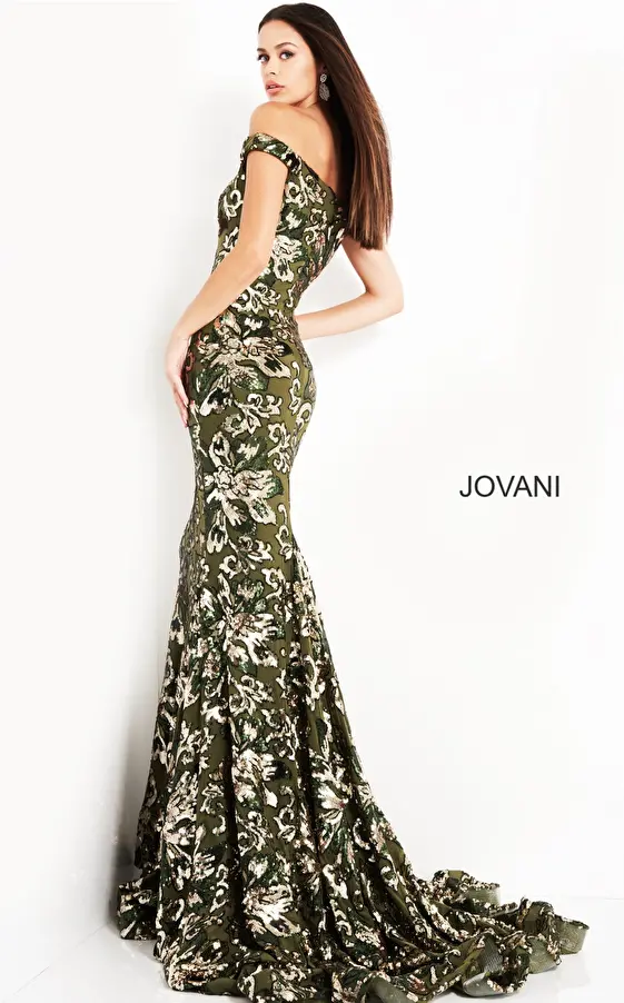 Green gold evening dress Jovani 63516 with train