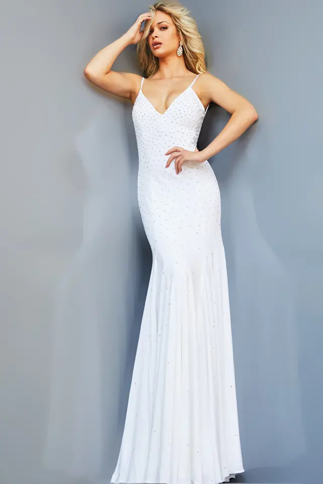 Model wearing Jovani style 63563 wedding guest dresses & party dress