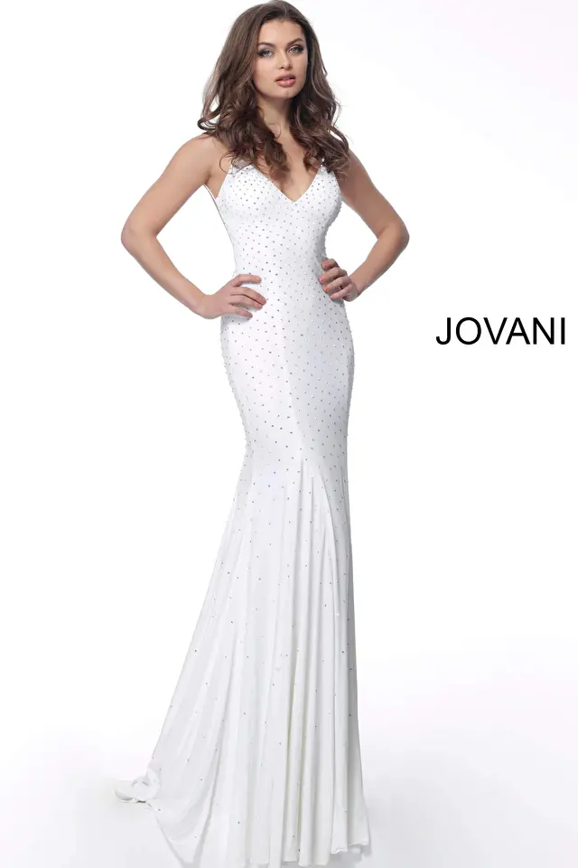 Model wearing Jovani style 63563 white prom dress