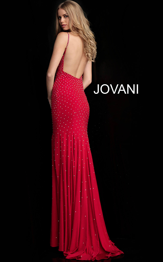 Red beaded with heat set stones v neck prom dress 63563