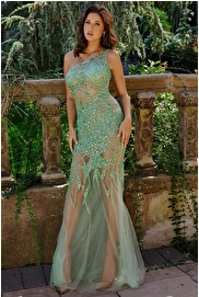 jovani Jovani 6395 Mint Beaded Illusion Sheath Prom Dress