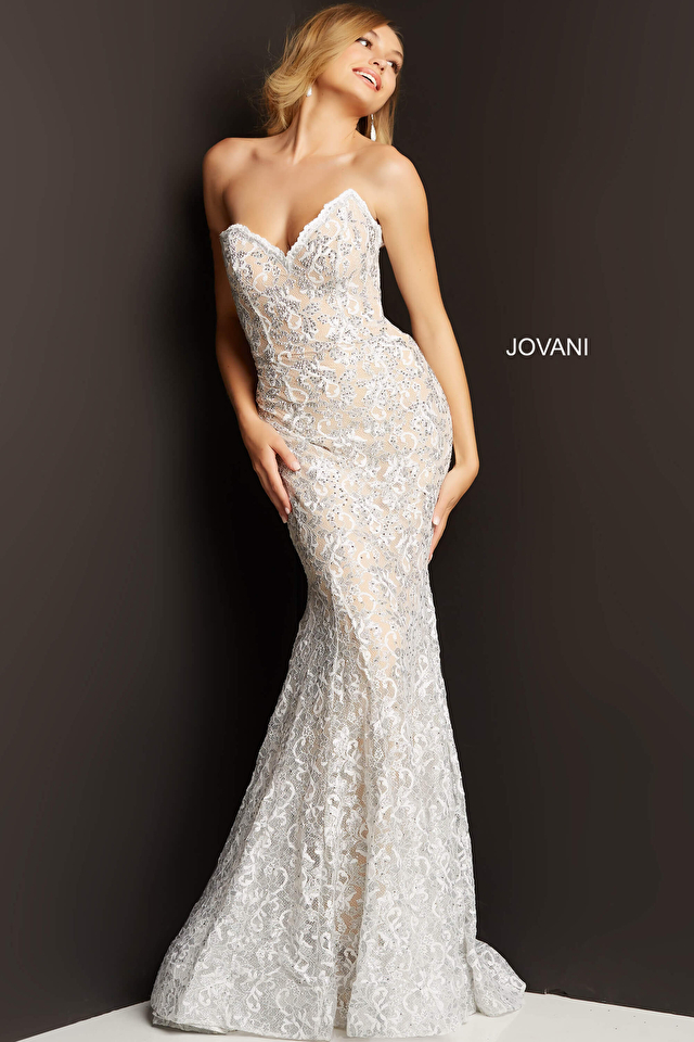 Model wearing Jovani style 08215 white prom dress