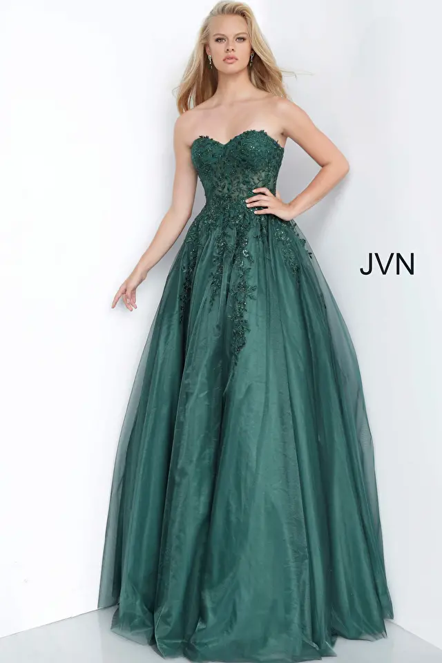 Model wearing Jovani style JVN00915 prom dress